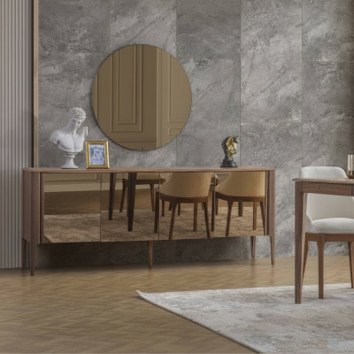 Salle à manger brune Buffet en verre Moderne Miroir Ensemble complet de 2 pièces neuf