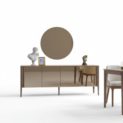 Salle à manger brune Buffet en verre Moderne Miroir Ensemble complet de 2 pièces neuf