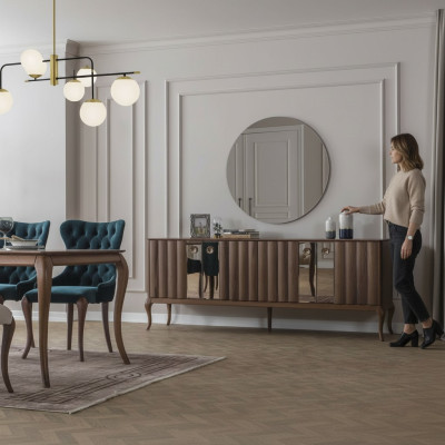 Buffet à 4 portes en bois de salle à manger de luxe miroir brun 2 pièces