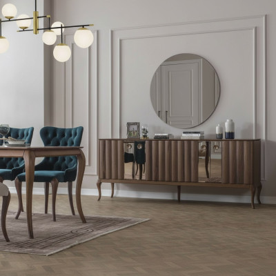 Buffet à 4 portes en bois de salle à manger de luxe miroir brun 2 pièces