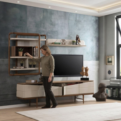 Salon beige Ensemble de meubles de télévision - Buffet bas 2x étagères Bois Mobilier design