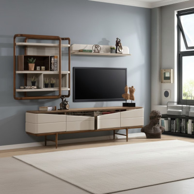 Salon beige Ensemble de meubles de télévision - Buffet bas 2x étagères Bois Mobilier design