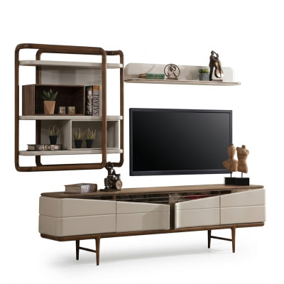 Salon beige Ensemble de meubles de télévision - Buffet bas 2x étagères Bois Mobilier design