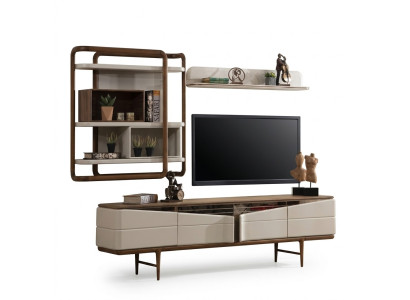 Salon beige Ensemble de meubles de télévision - Buffet bas 2x étagères Bois Mobilier design