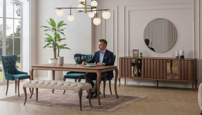 Mobilier de salle à manger marron et blanc Chesterfield Tabouret de designer Table à manger de luxe