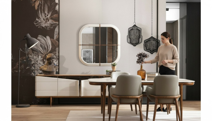 Mobilier de salle à manger brun et blanc, ensemble de salle à manger de designer de luxe 9 pièces.