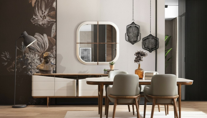 Mobilier de salle à manger brun et blanc, ensemble de salle à manger de designer de luxe 9 pièces.