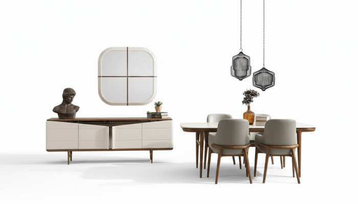 Mobilier de salle à manger brun et blanc, ensemble de salle à manger de designer de luxe 9 pièces.