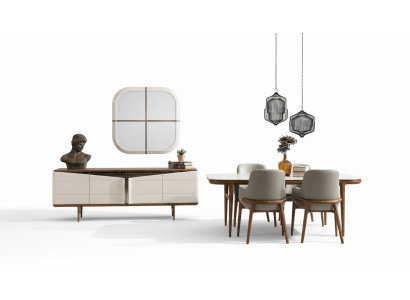 Mobilier de salle à manger brun et blanc, ensemble de salle à manger de designer de luxe 9 pièces.