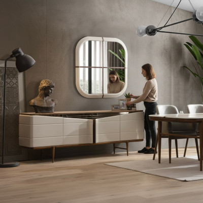 Salle à manger Ensemble Buffet beige Miroir rectangulaire Mobilier en bois de luxe