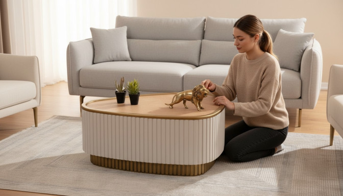 Table basse triangulaire blanche-marron Salon Tables basses Tables en bois
