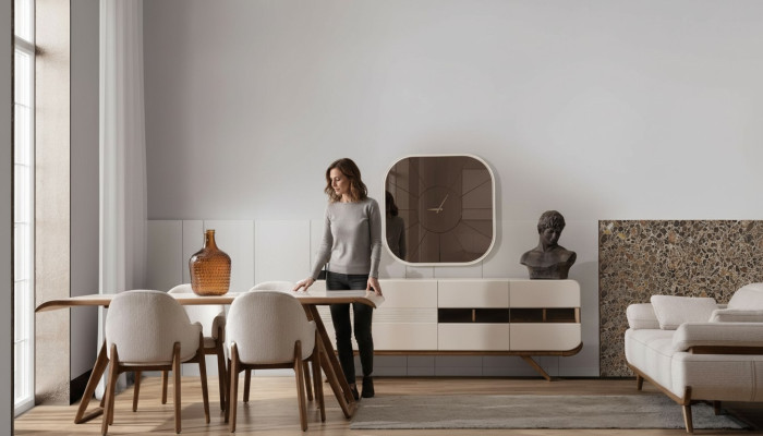 Ensemble de salle à manger blanc-marron Table à manger moderne 6 chaises rembourrées 9 pièces