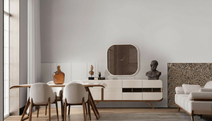 Ensemble de salle à manger blanc-marron Table à manger moderne 6 chaises rembourrées 9 pièces
