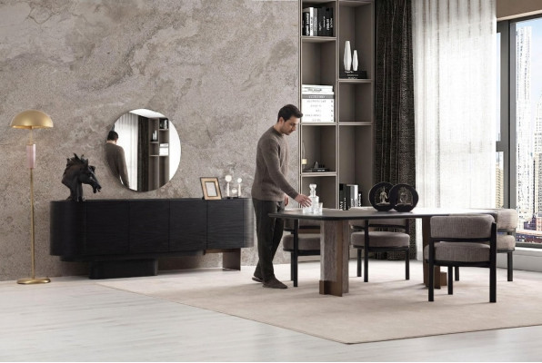 Suite de salle à manger design Table de salle à manger 6x Chaises Buffet Miroir 9 pièces