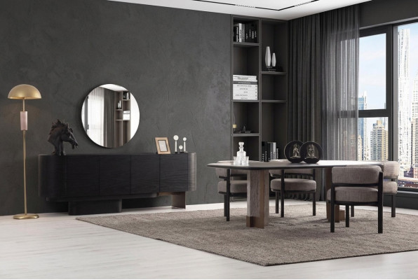 Suite de salle à manger design Table de salle à manger 6x Chaises Buffet Miroir 9 pièces