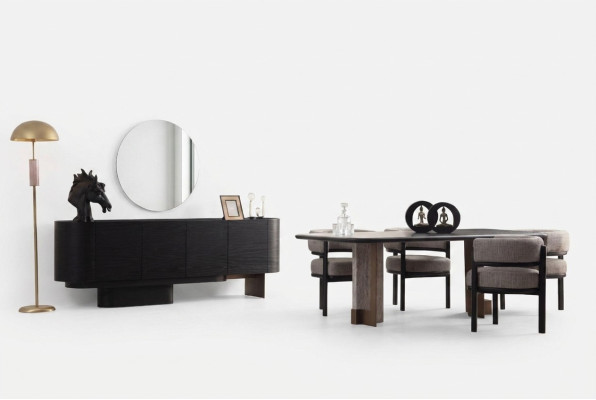 Suite de salle à manger design Table de salle à manger 6x Chaises Buffet Miroir 9 pièces