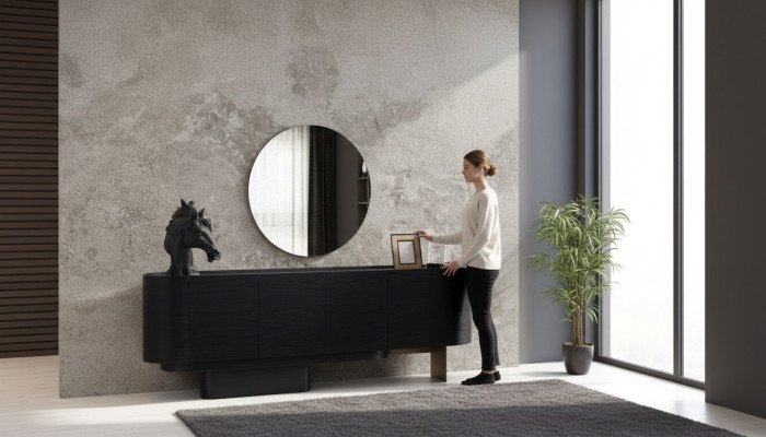 Salle à manger noire Mobilier élégant Buffet avec miroir Commode en bois