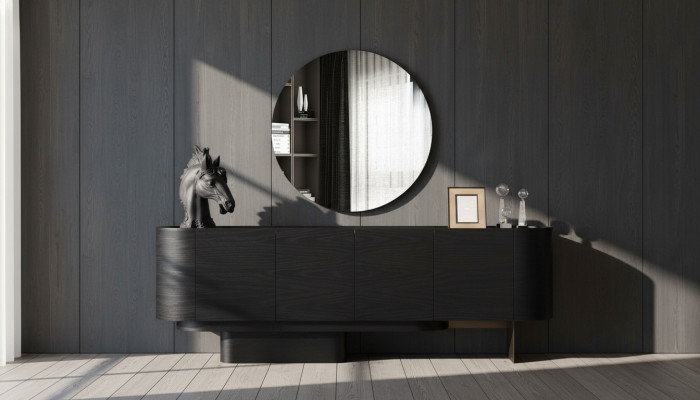 Salle à manger noire Mobilier élégant Buffet avec miroir Commode en bois
