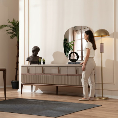 Meubles de salle à manger beige Luxe Bahut en bois 4 portes en verre miroir Ensemble de 2 pièces