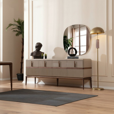 Meubles de salle à manger beige Luxe Bahut en bois 4 portes en verre miroir Ensemble de 2 pièces
