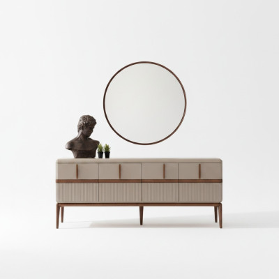 Meubles de salle à manger beige Luxe Bahut en bois 4 portes en verre miroir Ensemble de 2 pièces
