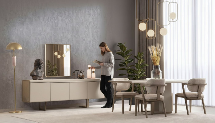 Ensemble de salle à manger beige Table à manger design Chaises rembourrées Buffet de luxe