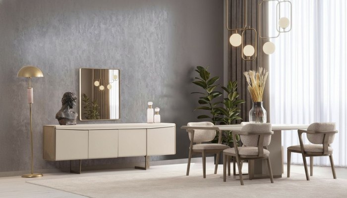 Ensemble de salle à manger beige Table à manger design Chaises rembourrées Buffet de luxe