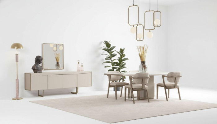 Ensemble de salle à manger beige Table à manger design Chaises rembourrées Buffet de luxe