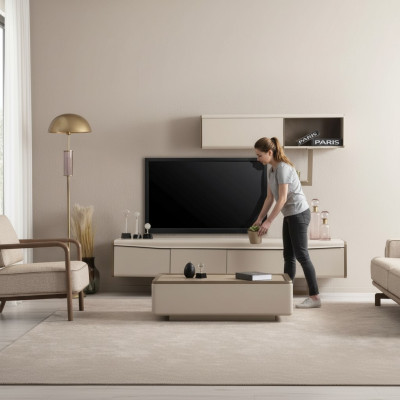 Meuble TV de designer en bois beige - bas en bois Design étagère - meuble de luxe pour le salon