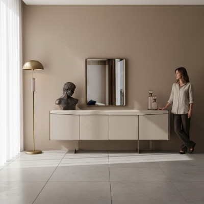 Buffet de salle à manger beige Miroir rectangulaire Meubles en bois élégants 2 pièces