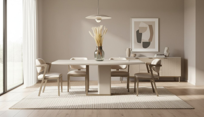 Blanc - Beige Salle à manger Mobilier Table à manger rectangulaire avec 6 chaises 7 pièces