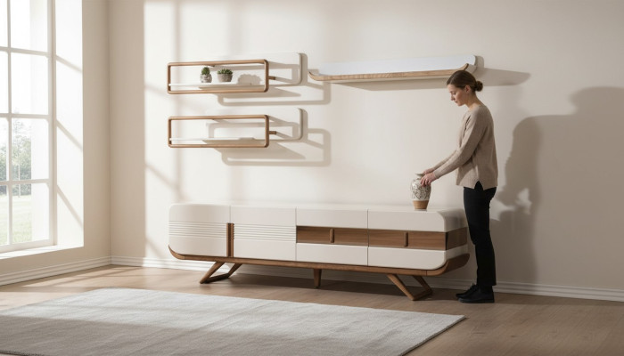 Unité murale de salon blanc Designer Lowboard 2x étagères Meuble en bois 4pcs