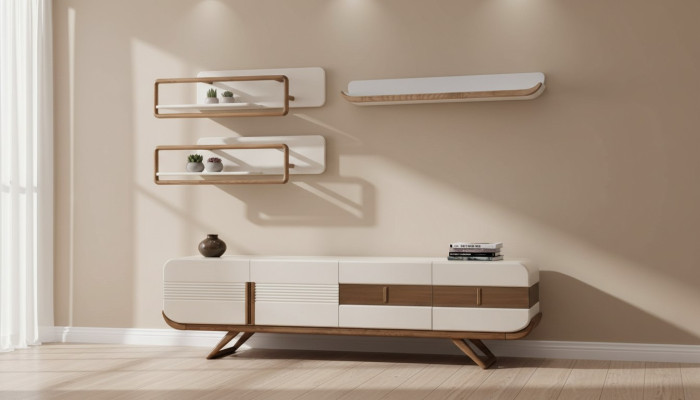 Unité murale de salon blanc Designer Lowboard 2x étagères Meuble en bois 4pcs