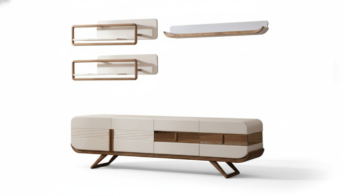 Unité murale de salon blanc Designer Lowboard 2x étagères Meuble en bois 4pcs