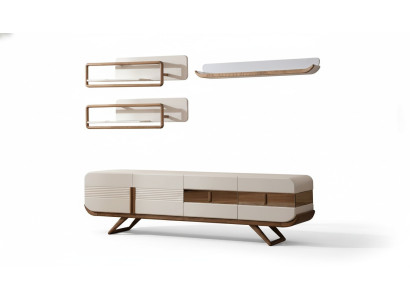Unité murale de salon blanc Designer Lowboard 2x étagères Meuble en bois 4pcs