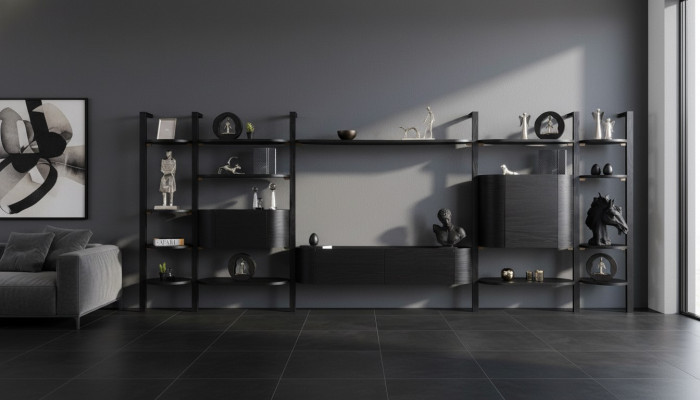 unité murale noire exclusive du designer pour le salon en bois noble