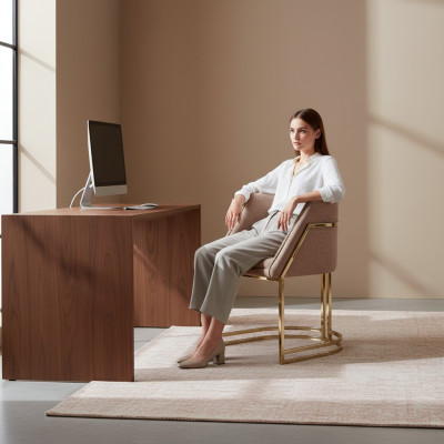 Chaise de salle à manger en acier inoxydable beige de luxe avec accoudoirs, place assise individuelle.