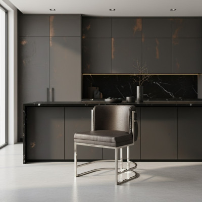 Chaise de luxe de couleur marron, meuble moderne avec structure en métal pour salle à manger.