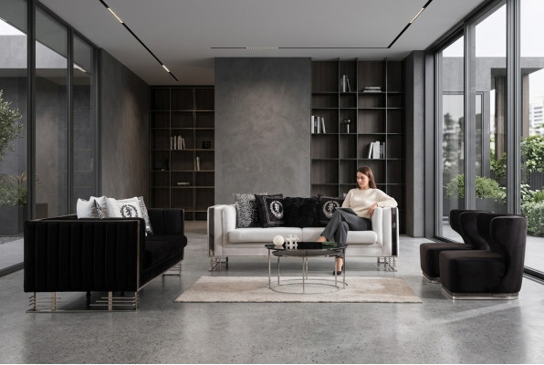 Canapés noir et blanc Luxe Salon Ensemble Trois places Fauteuil 4 pièces Set