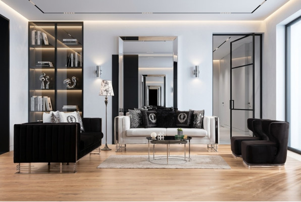 Canapés noir et blanc Luxe Salon Ensemble Trois places Fauteuil 4 pièces Set