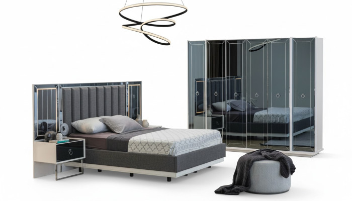 Ensemble de chambre à coucher design avec lit double, table de chevet et armoire.