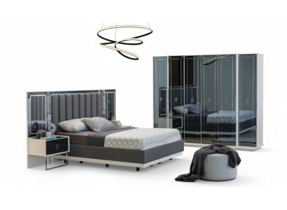 Ensemble de chambre à coucher design avec lit double, table de chevet et armoire.