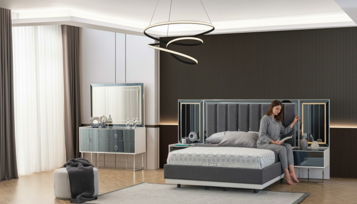 Meubles de chambre modernes en gris et blanc Tables de chevet en bois Lit double 5 pièces