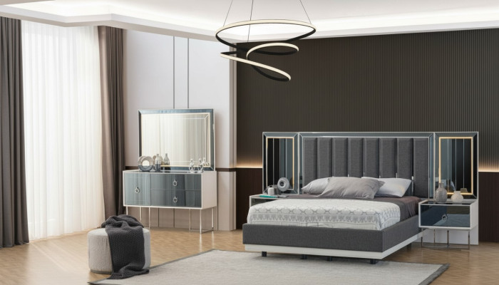 Meubles de chambre modernes en gris et blanc Tables de chevet en bois Lit double 5 pièces
