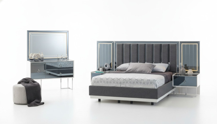 Meubles de chambre modernes en gris et blanc Tables de chevet en bois Lit double 5 pièces