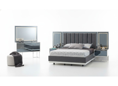 Meubles de chambre modernes en gris et blanc Tables de chevet en bois Lit double 5 pièces