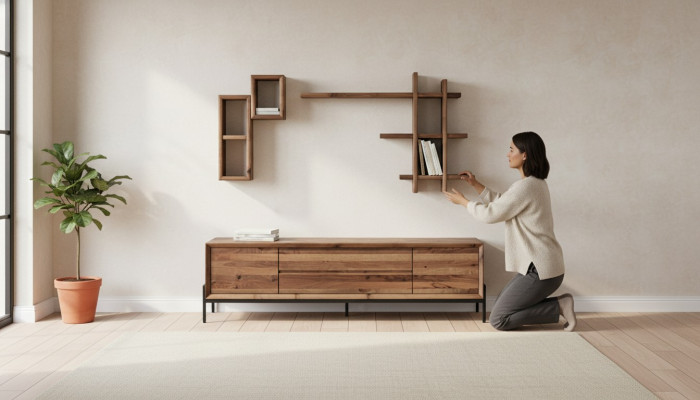 Buffet moderne brun à 3 portes avec étagères, meubles en bois pour le salon.