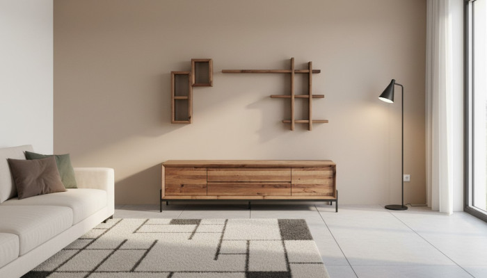 Buffet moderne brun à 3 portes avec étagères, meubles en bois pour le salon.
