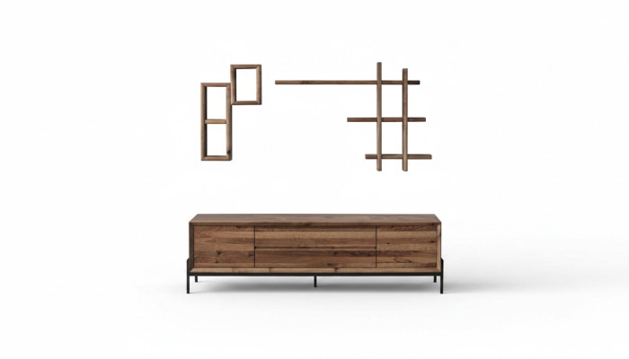 Buffet moderne brun à 3 portes avec étagères, meubles en bois pour le salon.