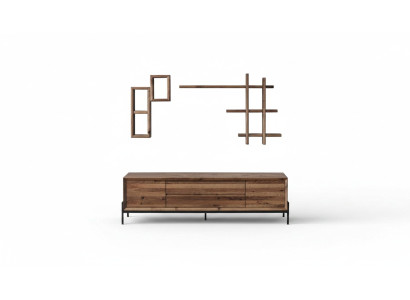Buffet moderne brun à 3 portes avec étagères, meubles en bois pour le salon.